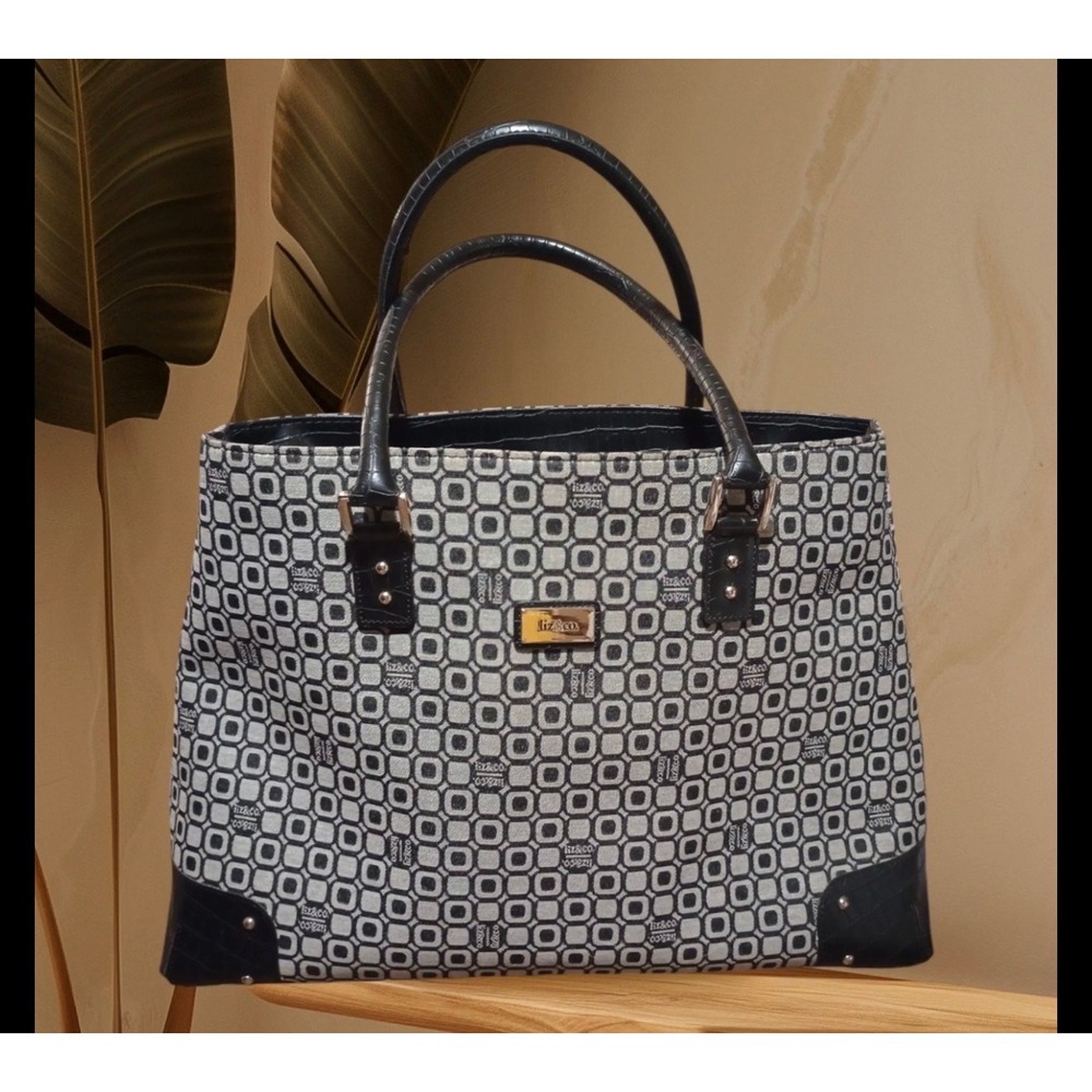Liz & Co Womens Geometric Jacquard Tote Bag Black Silver Croc Trim Large